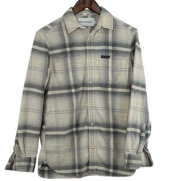 Calvin Klein Flannel Shirt Mens XS Creme Gray Cabincore Grunge Campcore Outdoor - Picture 1 of 5